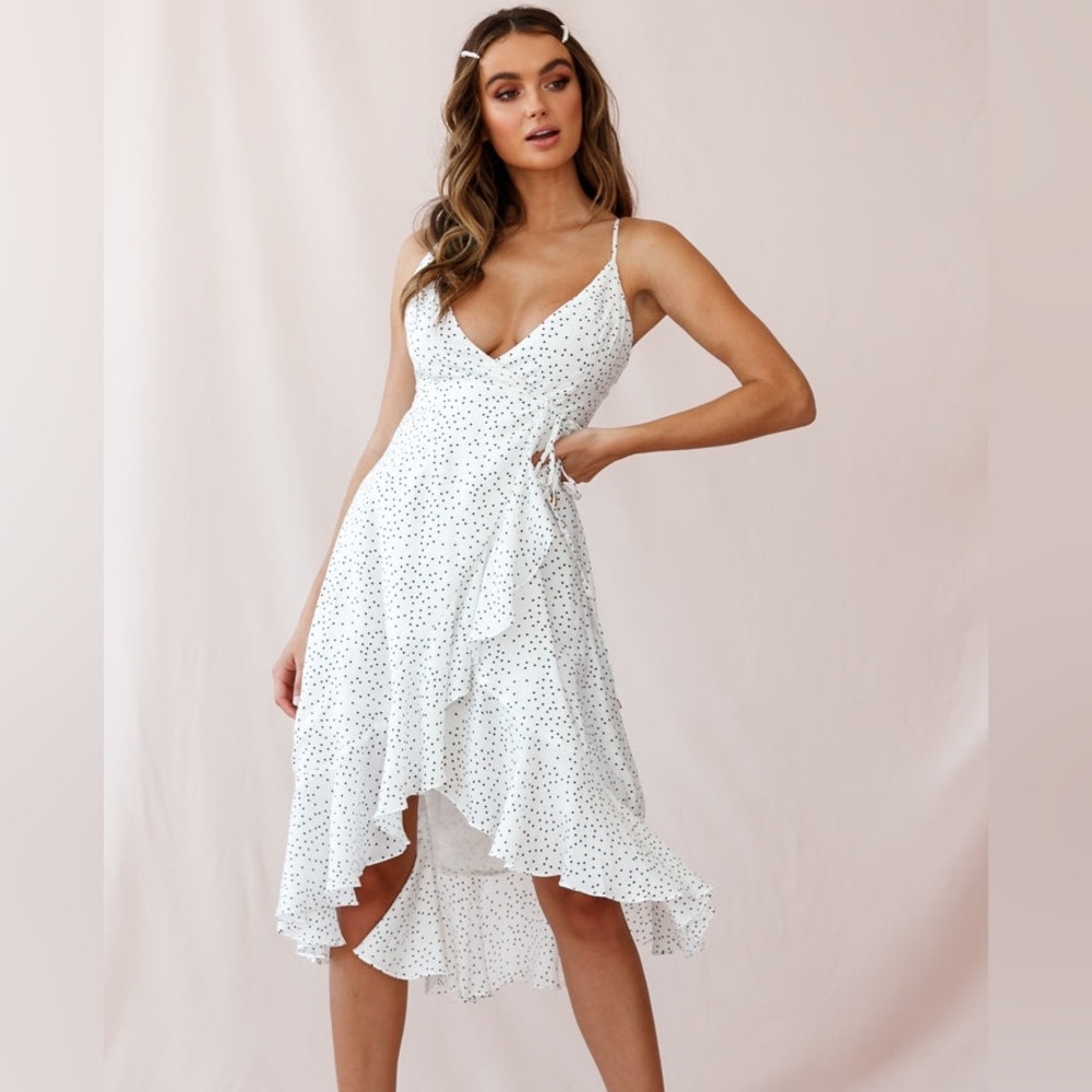 Francesca’s Blue Rain White Polka Dot Wrap Dress